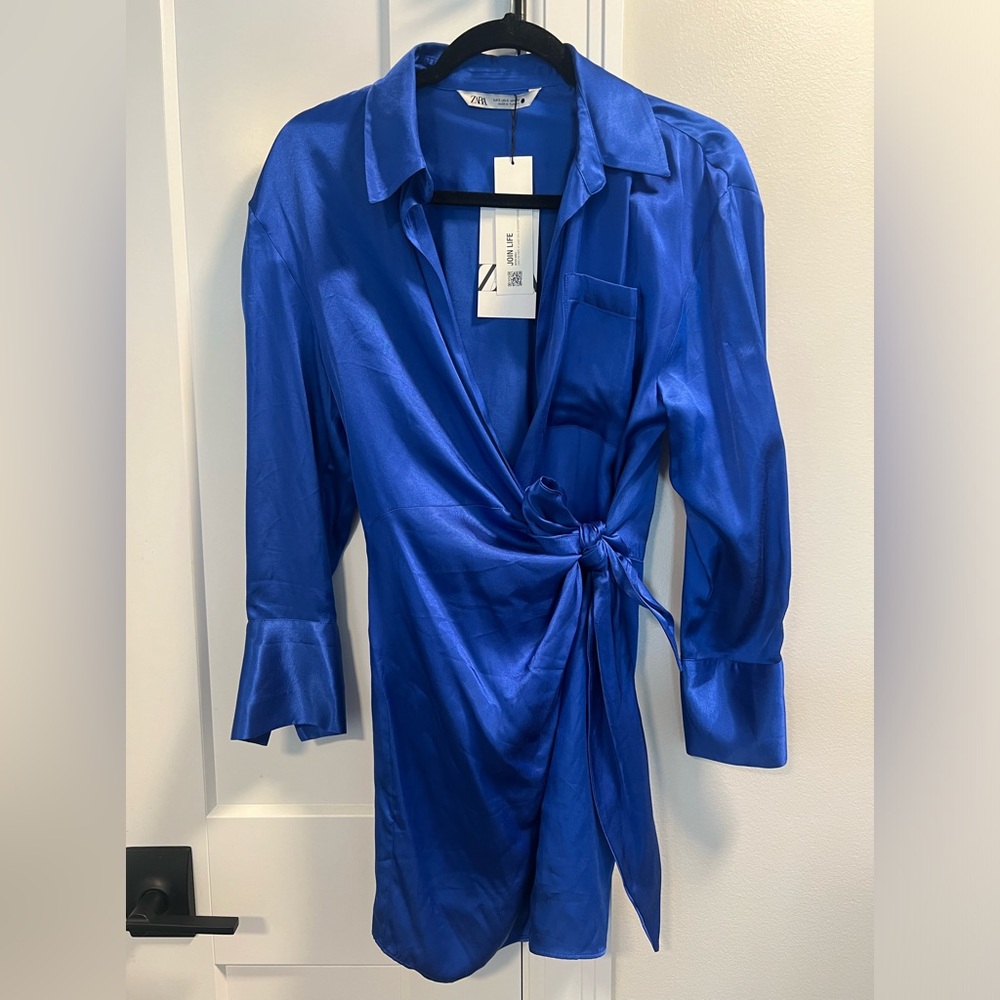 NWT Zara Blue Silk Wrap Dress Women’s Size S